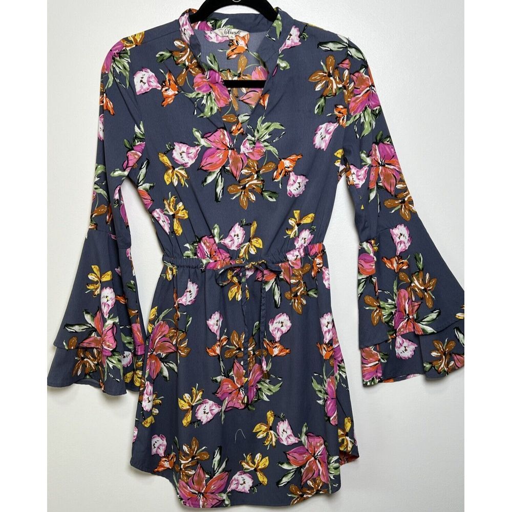 Hint Of Blush Long Flared Sleeve Flowered Dress Elastic Cinch Waist India Small